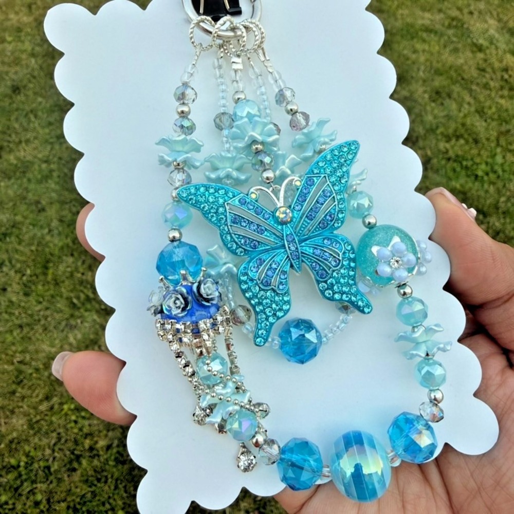 Blue Butterfly Phone Wristlet Glow in Dark Glass Bead Floral Keychain Handmade